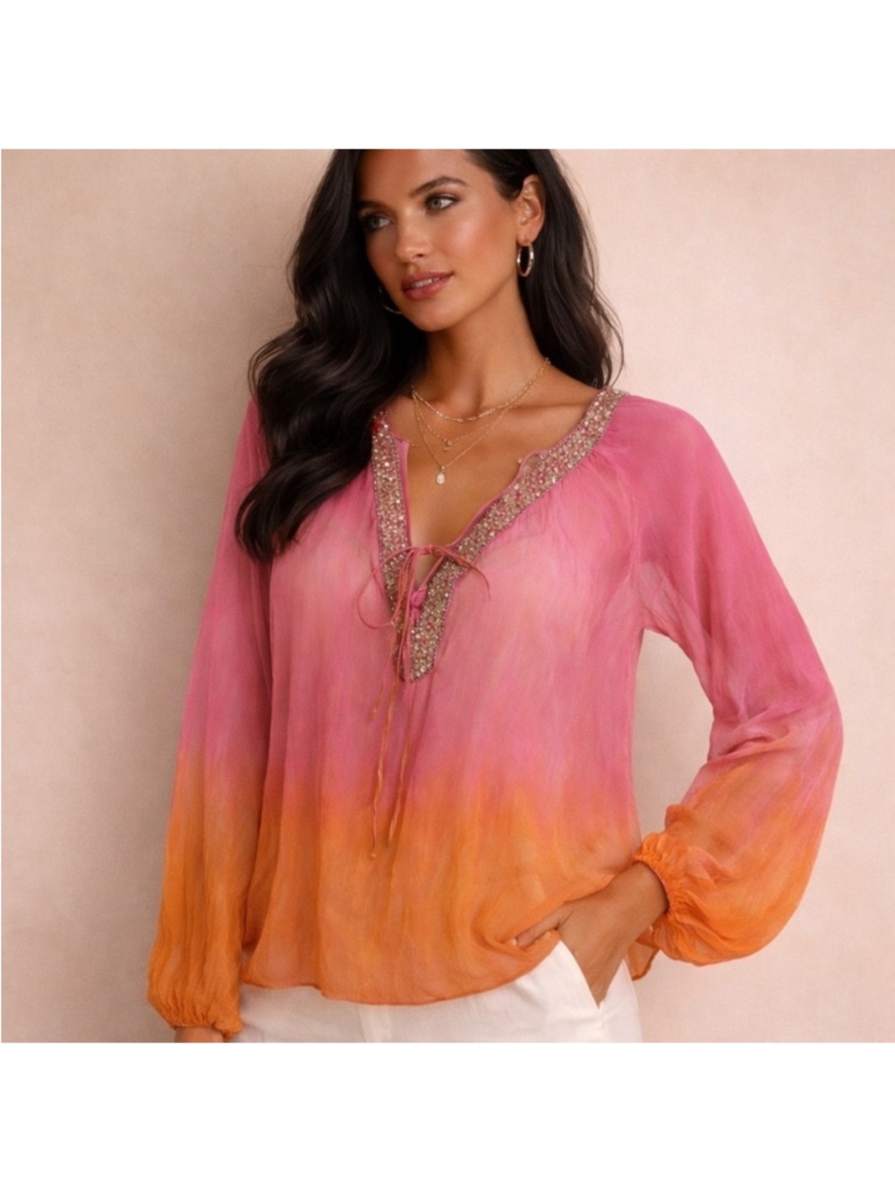 Pink to Orange Ombré Beaded V-Neck Blouse